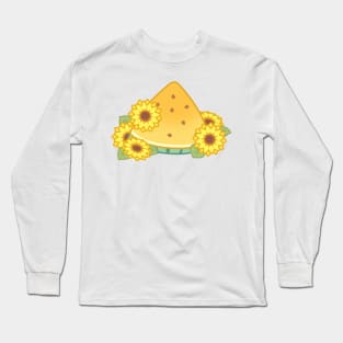 Sweet Yellow Watermelon Fruit Slice with Sunflowers Long Sleeve T-Shirt